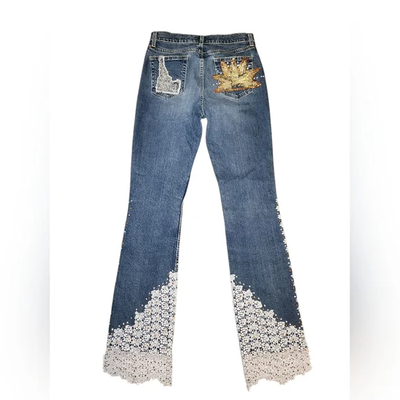 ​VTG Old Navy Y2K Lace Flare Jeans Bedazzled Idaho Star Size 8 Long Custom - Picture 6 of 12
